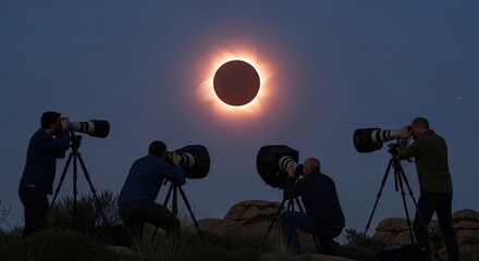 Photographers capturing a solar eclipse with their cameras.