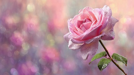 Pink Rose With Water Droplets On Bokeh Background