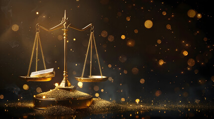A glowing golden scale of justice or Libra zodiac sign, surrounded by magical, sparkling lights.