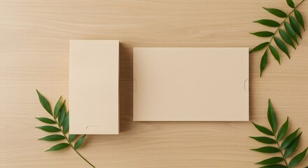 Minimalist flat lay of blank beige cosmetic packaging boxes with natural green foliage for an eco-friendly brand identity showcase
