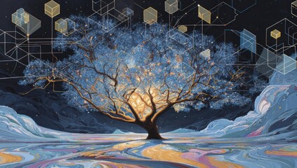 Radiant tree in a digital landscape