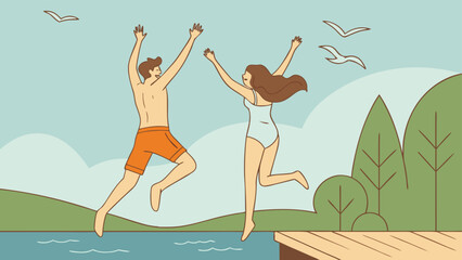 A joyful couple jumps into the water from a wooden dock, celebrating summer vacation and outdoor recreation with a backdrop of trees and sky