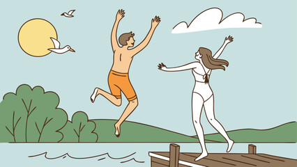 A happy couple leaps into the water from a wooden pier under a bright sun and blue sky, embodying summer fun and outdoor adventure
