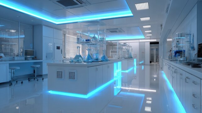 Modern laboratory interior with bright lighting, equipment, and a clean environment for research and experiments.
