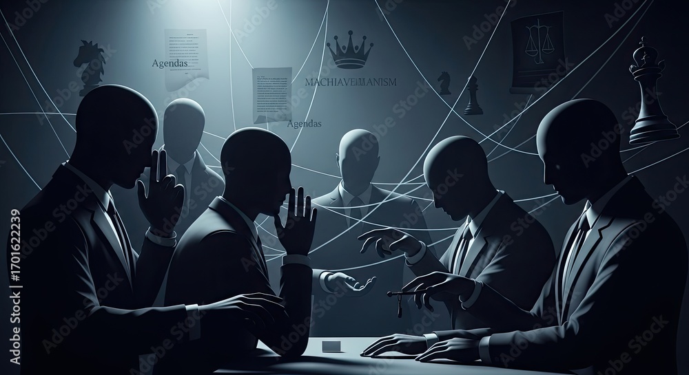 Poster Silhouettes of men in suits discussing a document with a chessboard in the background.