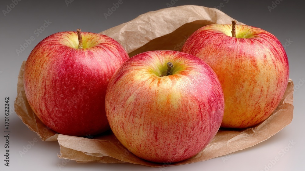 Poster fresh and vibrant honeycrisp apples resting on natural paper background in a simple setting