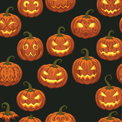 A vibrant seamless pattern featuring a collection of intricately carved Halloween pumpkins with glowing faces, seamless pattern, Stock royalty.