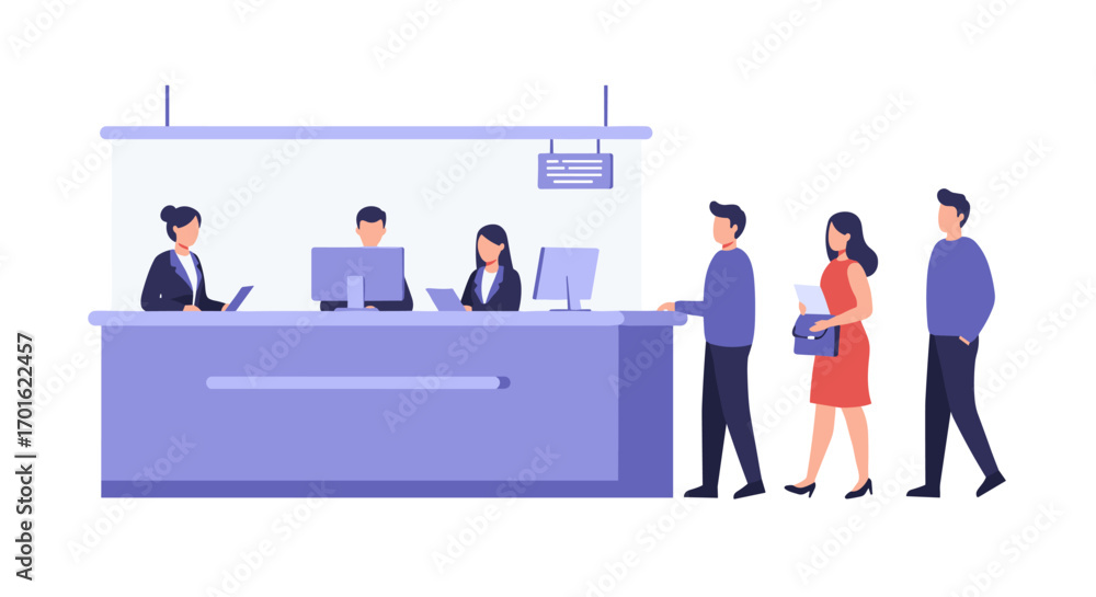 Poster modern office reception with people queuing for service in a minimalistic flat design