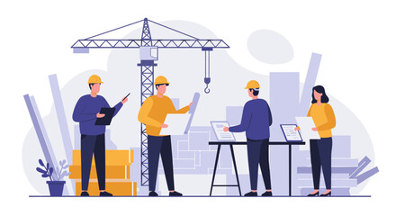 Construction team collaborating on project plans at building site