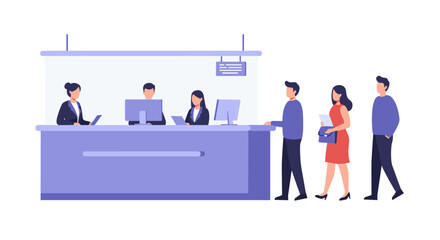 Modern office reception with people queuing for service in a minimalistic flat design