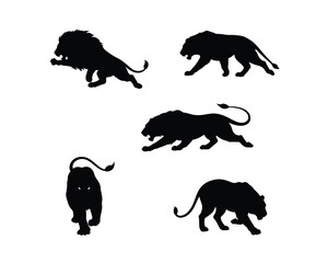 Collection of five distinct black lion silhouettes in various dynamic poses against a clean white background