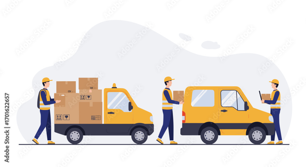 Poster delivery team with boxes and vans in minimalist design
