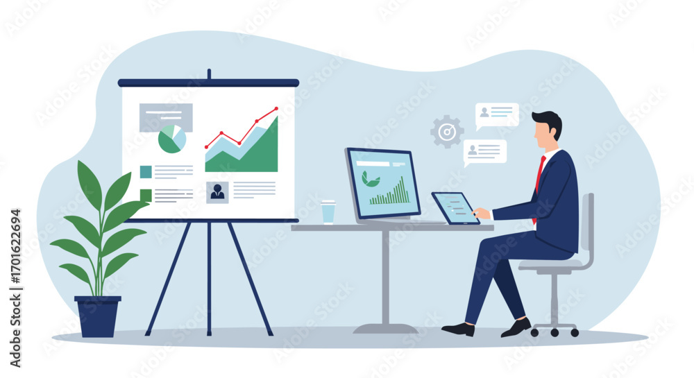 Poster business professional analyzing data on computer and presentation board