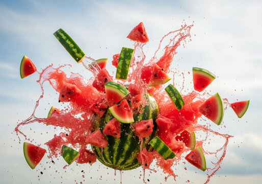 A watermelon bursts open in a spectacular high-speed explosion