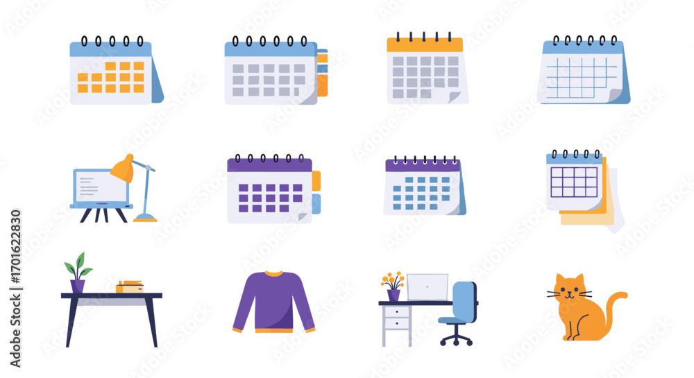 Poster office calendar and workspace icons with cat in flat design style