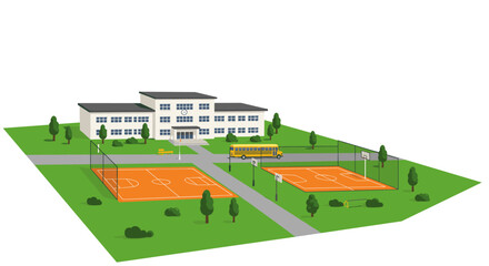 Naklejka premium Modern school campus with basketball courts and school bus in 3d isometric style