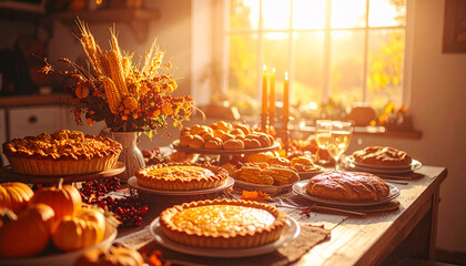 Rustic Farmhouse Kitchen Table Decorated with Homemade Pumpkin Pies, Fresh Bread, Seasonal Flowers, and Autumn Harvest Food in Warm Sunlight for Cozy Thanksgiving Celebration Dinner