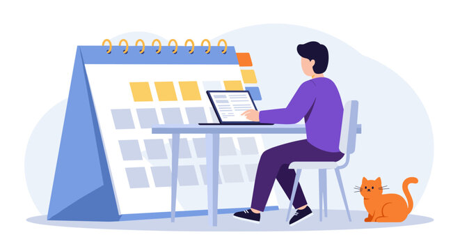 Busy schedule planner with laptops and pets in modern flat design