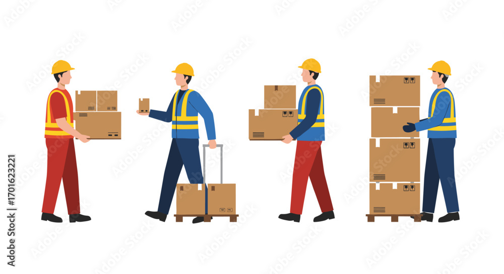 Poster warehouse workers handling packages in flat design style