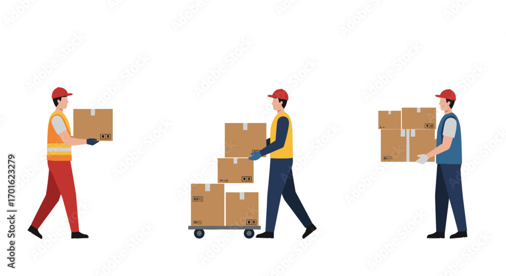 Poster warehouse workers transporting boxes in minimalist design on white background