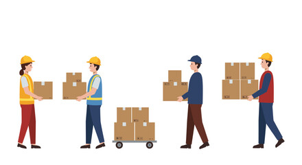 Warehouse workers in hard hats handling boxes and trolleys