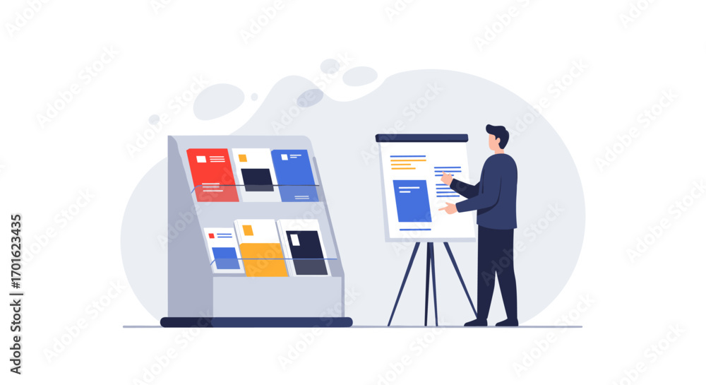 Poster business presentation with professional presenter explaining data on flip chart