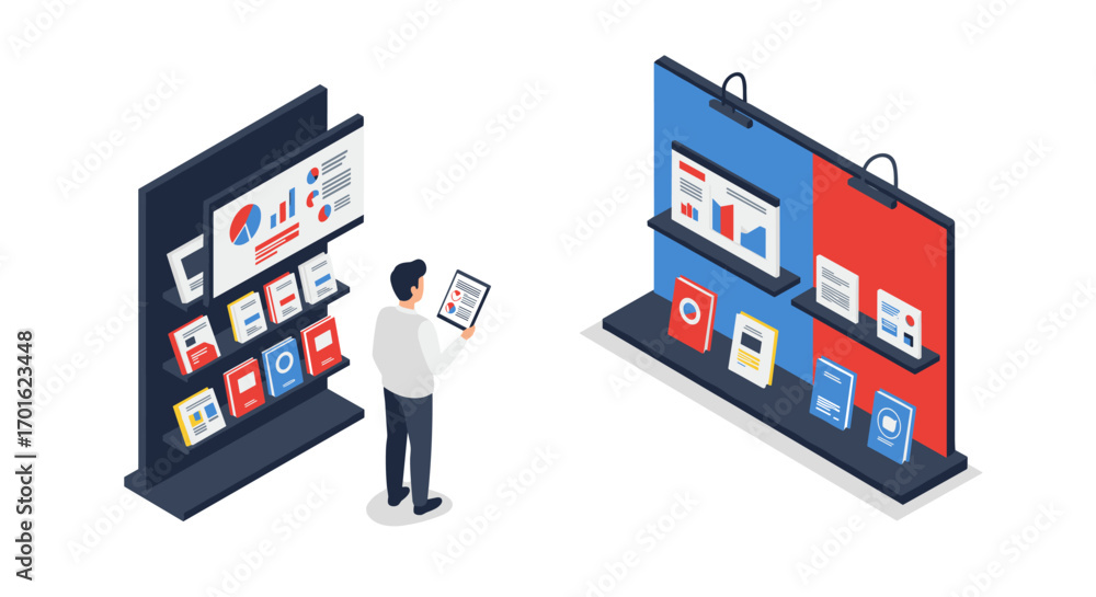 Poster isometric business presentation with data and charts on digital screens