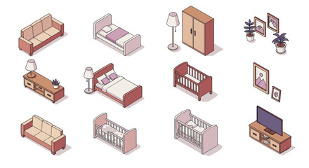 Isometric furniture set featuring beds, sofas, and decor elements for home interiors