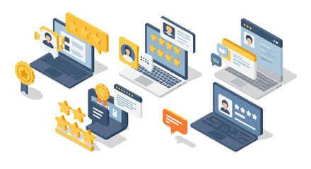 Obraz premium Isometric laptop interfaces showcasing reviews and ratings in digital feedback scenes