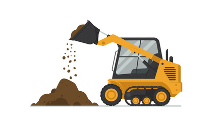 Construction equipment: yellow skid steer loader excavating soil in flat design