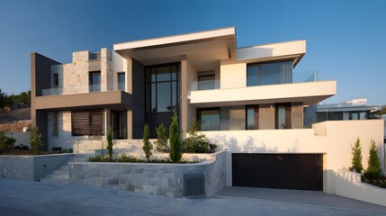 A modern architectural house with a sleek design, featuring large windows, a flat roof, and a minimalist aesthetic, surrounded by greenery