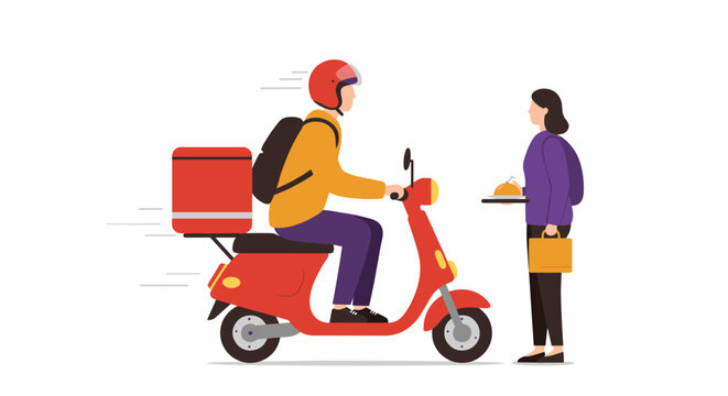Food delivery service with courier on scooter meeting customer