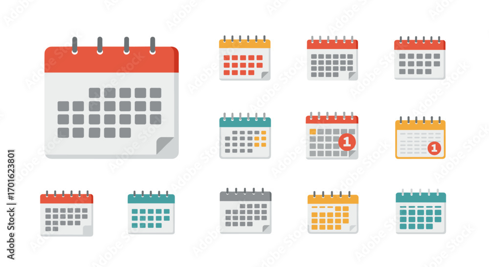 Poster colorful calendar icons set with flat design in various styles