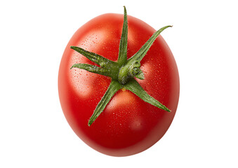 Close up shows one vibrant red ripe tomato with green stem on transparent background