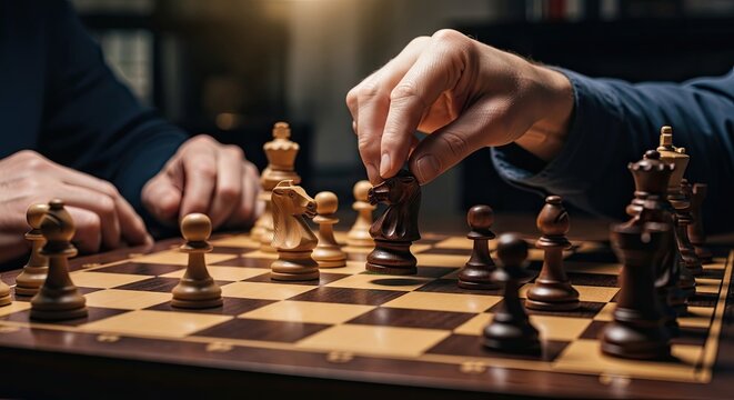 Two hands playing chess on a wooden chessboard with black and white pieces.