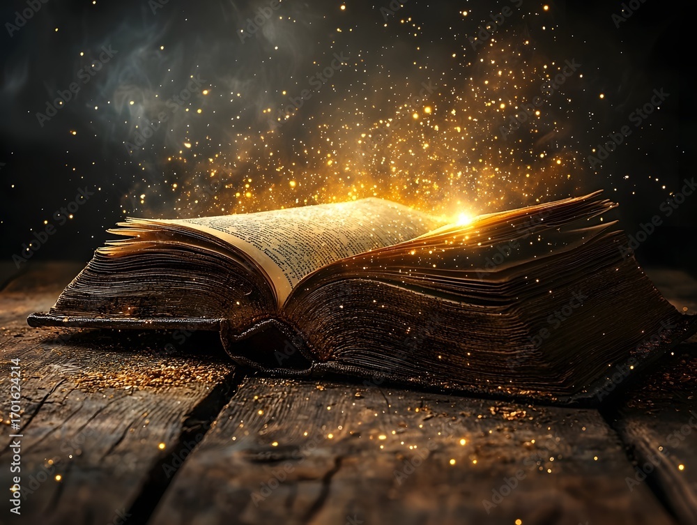 Poster an ancient open book emits magical golden light and sparks symbolizing knowledge and inspi n