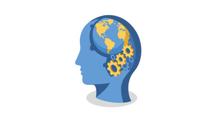 Human head with world map and gears symbolizing global thinking and innovation
