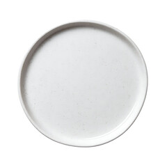Top view of a specked white ceramic dinner plate isolated on transparent background