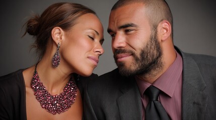 Stylish multiracial couple sharing an intimate moment with elegant accessories in a neutral setting