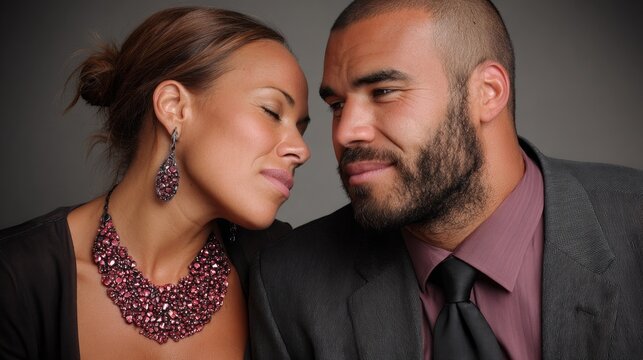 Stylish multiracial couple sharing an intimate moment with elegant accessories in a neutral setting