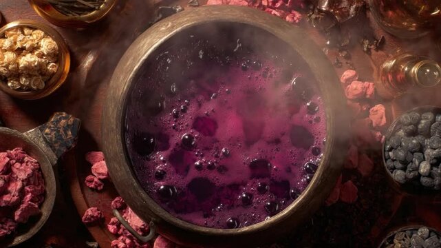 Bubbling lavender elixir releasing misty vapors, nestled among arcane botanicals, crystals, conjuring mystical ambiance in witchcraft ritual setting
