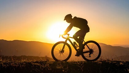 Fototapeta premium Cyclist silhouette cresting a hill at golden hour airy gradient sky and wide copy space clean outdoor background for banner poster and headline