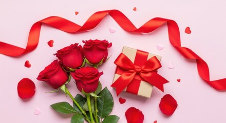 Red roses gift box and ribbon on pink background with heart shapes red ribbon hearts