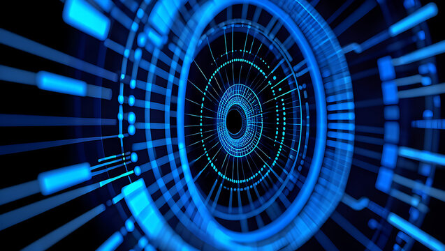 Immersive digital data stream tunnel with glowing blue geometric patterns and futuristic circuitry