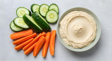 Cucumber and carrot sticks with hummus