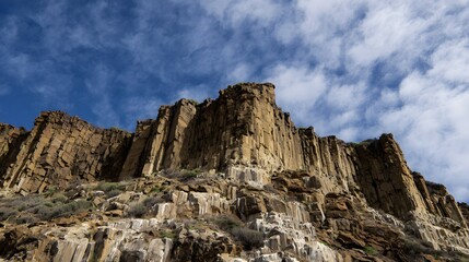 Fototapeta premium A dramatic rocky cliff under a blue sky with scattered clouds, showcasing rugged textures and natural formations