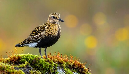 A golden plover perches gracefully on a patch of vibrant moss, showcasing its striking plumage against a soft, out-of-focus background of muted yellows and greens.