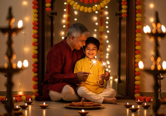 Celebrating diwali: happy Indian grandfather and his grandson celebrating the Diwali festival together, sitting with a sparkler in a beautifully decorated home.