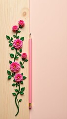 Pencil and Embroidery Arrangement on Wooden Background