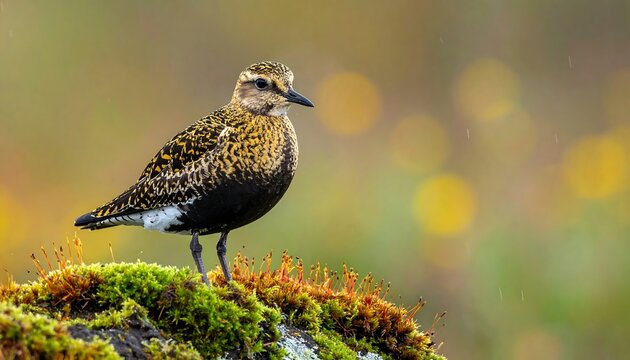 A golden plover perches gracefully on a patch of vibrant moss, showcasing its striking plumage against a soft, out-of-focus background of muted yellows and greens.